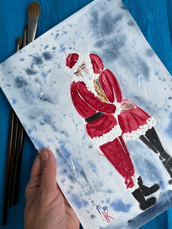 Santa Claus Painting Christmas Original Art Father Christmas Watercolor Love Story Artwork Girl Wall Art 8 by 12" by Halyna Kirichenko