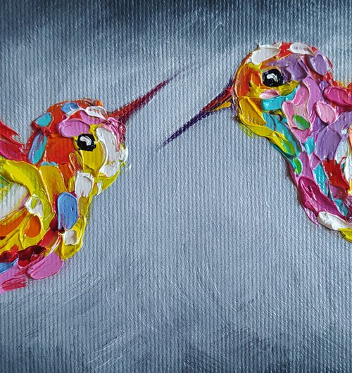 Love - hummingbirds, oil painting, hummingbird, birds, love, animals oil painting, art bird, impressionism, palette knife, gift. by Anastasia Kozorez