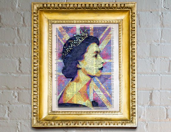 Queen Elizabeth II - The Union Jack 2 - Collage Art on Large Real English Dictionary Vintage Book Page