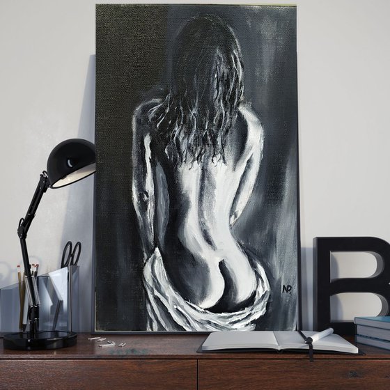 Morning, original erotic art, nude oil painting, small gift idea