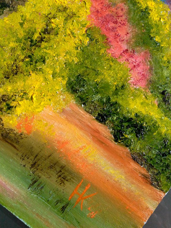 autumn mountain landscape original oil artwork impressionistic art" Red autumn in the blue mountains"