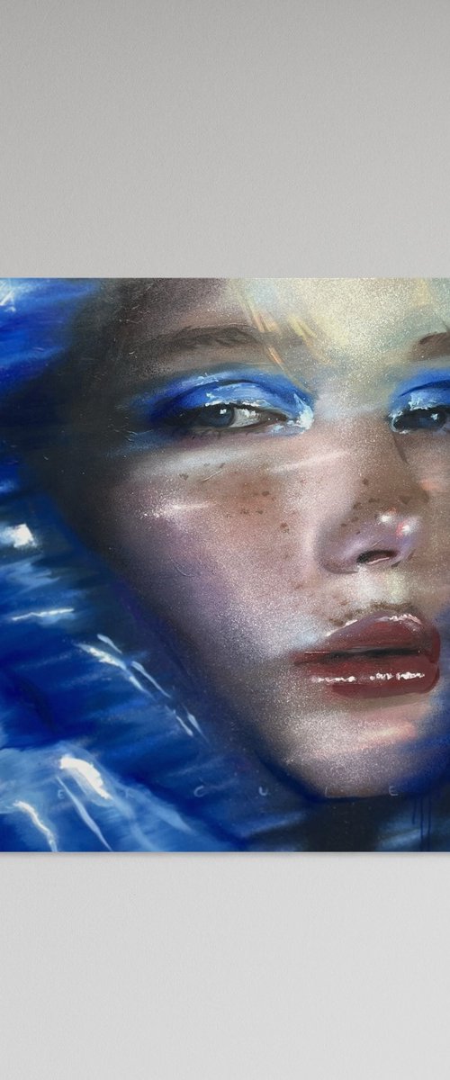 Trough the rain | blue oil painting on canvas woman portrait by Renske Karlien Hercules