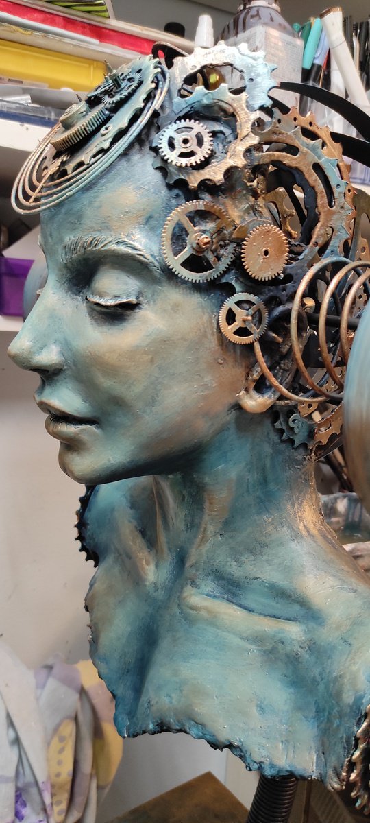 Surrealistic Portrait Clay Sculpture By Elena Kraft, 28 X 28, Eternal Interplay, Original Artwork