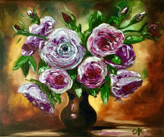 BOUQUET OF PURPLE ROSES palette knife modern red pink purple  still life  flowers Dutch style office home decor gift