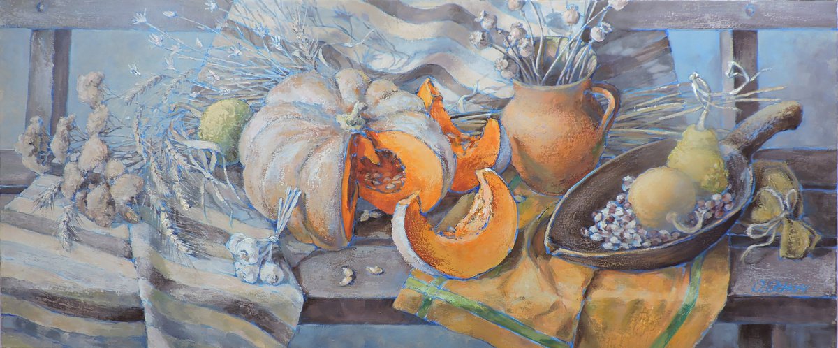 Impressionistic Still Life Oil Painting By Procach Olesia, 47 X 20", Autumn Silver, Original Artwork