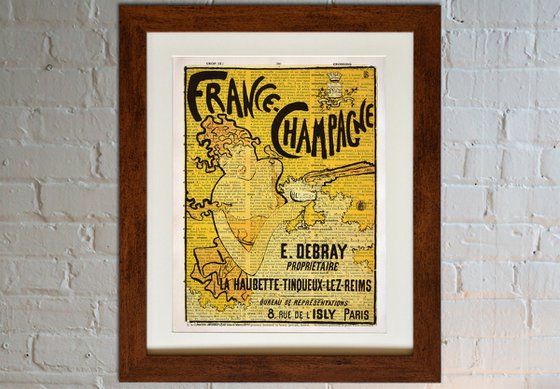 France Champagne - Collage Art Print on Large Real English Dictionary Vintage Book Page