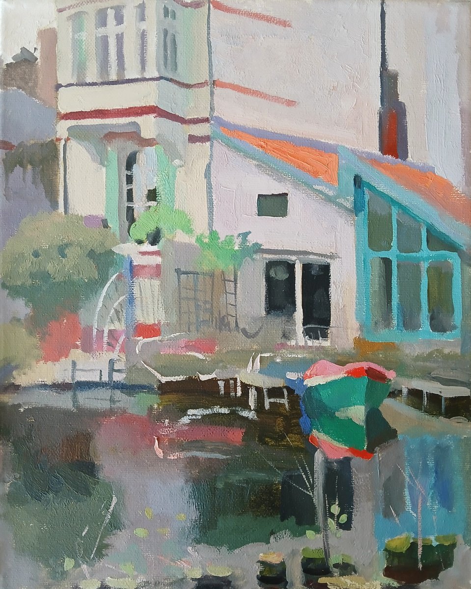 Impressionistic Cityscapes Oil Painting By Vasyl Koval, 10 X 12", Waterside Tranquility, Original Artwork