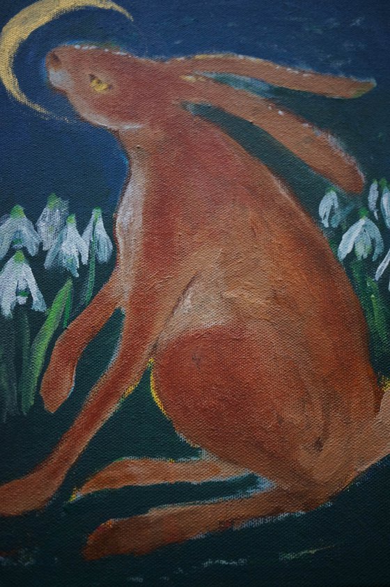 Hare With Snowdrops And Crescent Moon Acrylic Painting On Canvas