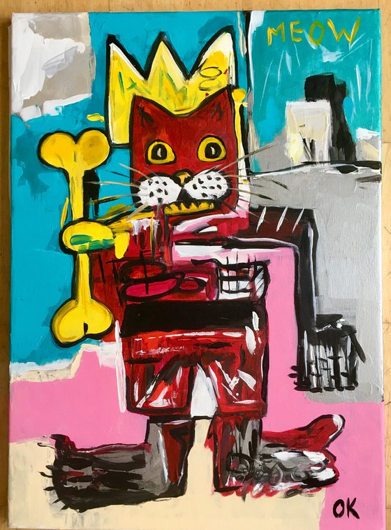 King Cat Troy  in a CROWN ( 71x 51cm, 28 x 20 inches,) version of famous painting by Jean-Michel Basquiat