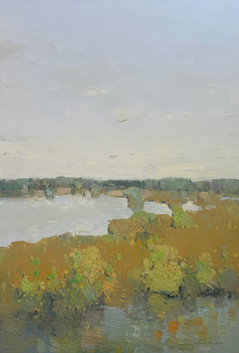 Impressionistic Landscape Oil Painting By Vahe Yeremyan, 30 X 45", Lake Side, Original Artwork