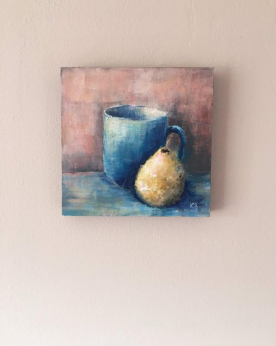 Pear with Blue mug, still life study