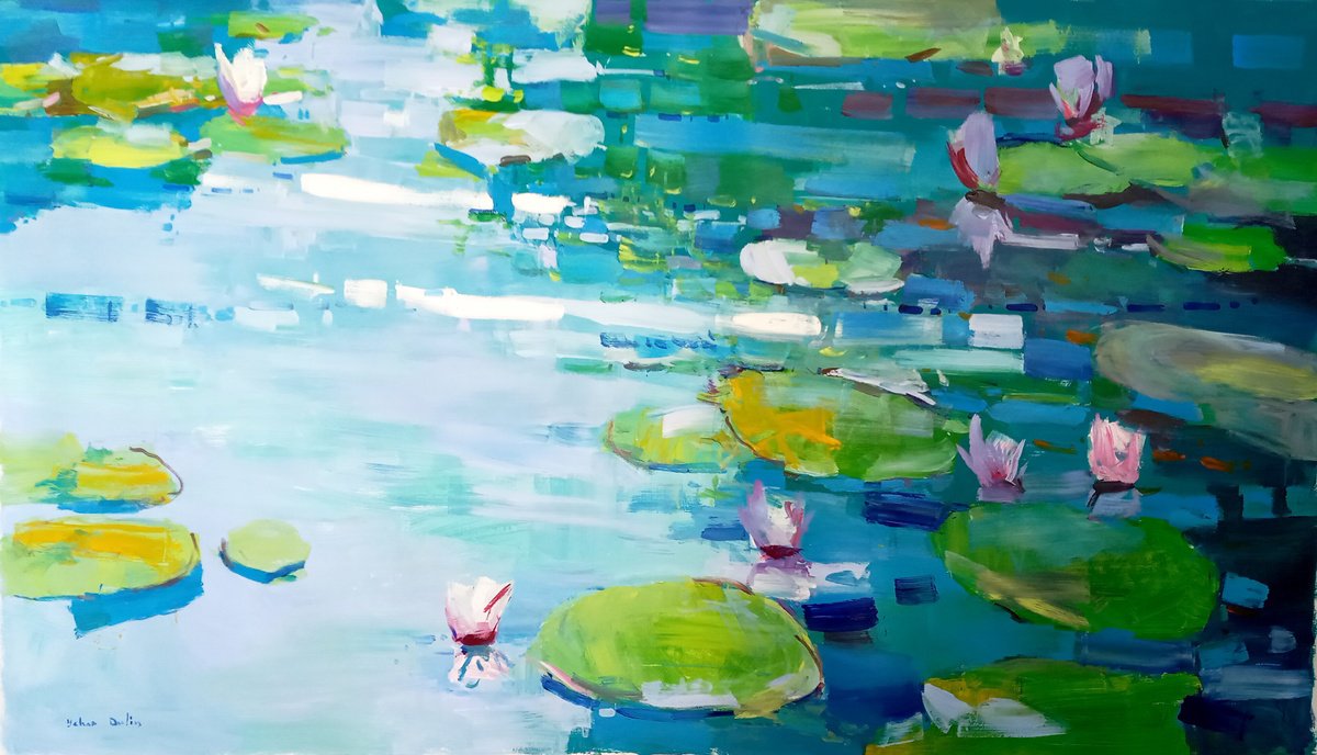 Impressionistic Landscape Oil Painting By Yehor Dulin, 79 X 47", " Water Lilies", Original Artwork
