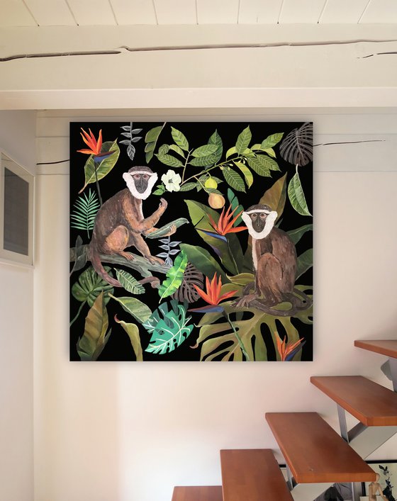 Jungle N°5  - Fern - Tropical - Monkeys - Art-Deco - Organic Floral, XL LARGE PAINTING