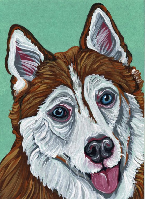 ACEO ATC Original Miniature Painting Husky Pet Dog Art-Carla Smale