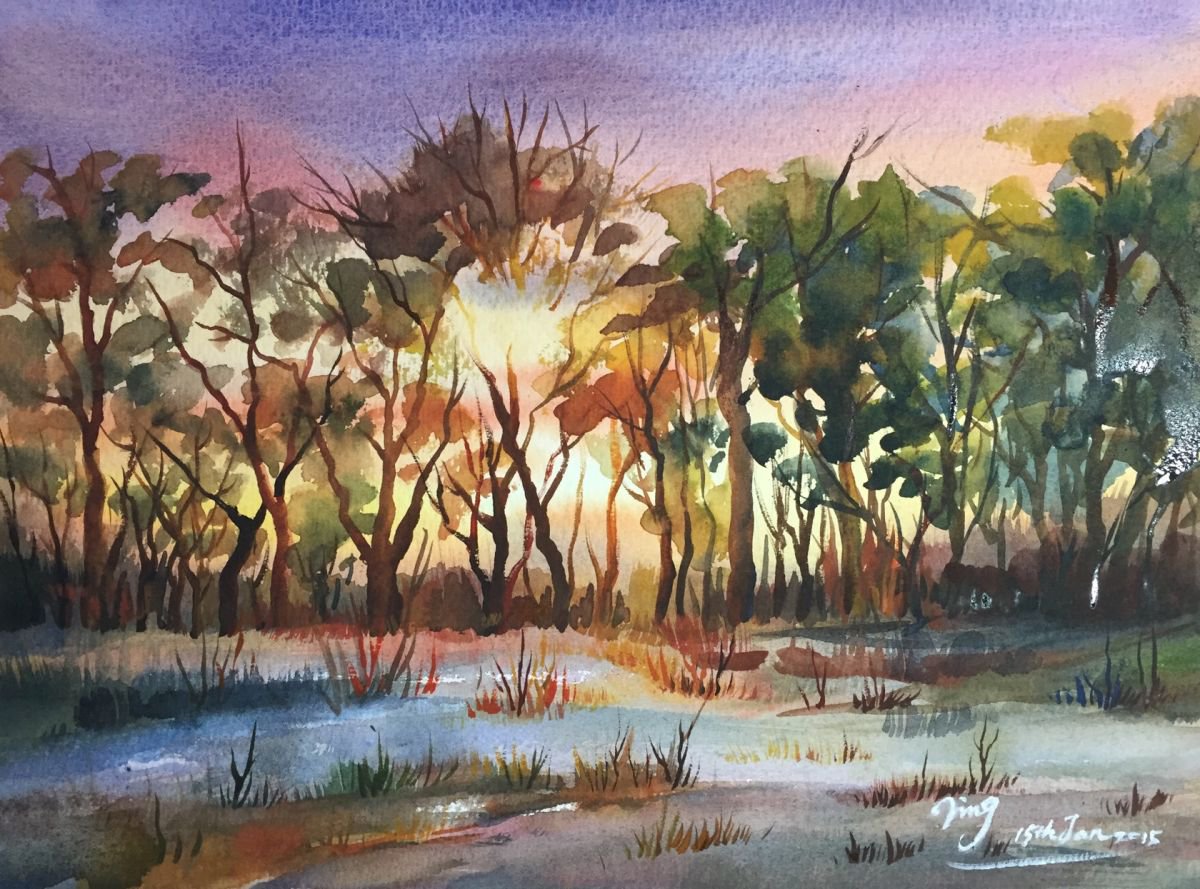 Impressionistic Landscape Watercolour By Jing Chen, 15 X 11, Inner Fire, Original Artwork