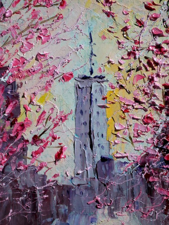 New York Painting Cityscape Original Art Yellow Taxi Oil Impasto Artwork Flowering Sakura Small Home Wall Art