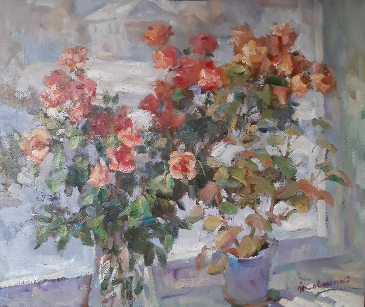 Impressionistic Still Life Oil Painting By Ivan Kovalenko, 24 X 20, Roses, Original Artwork