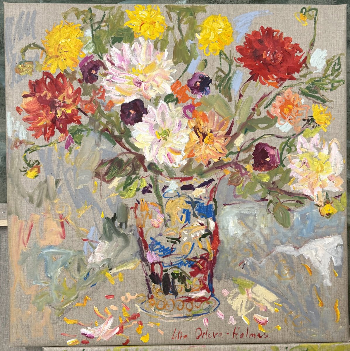 Expressive Botanical Oil Painting By Lilia Orlova-Holmes, 36 X 36", Dahlias In A Japaniese Vase., Original Artwork