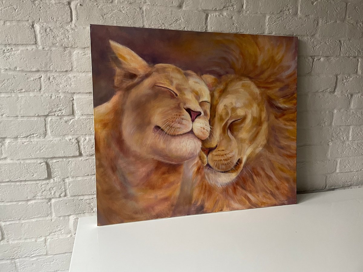 Lions love. Original oil painting by Mary Voloshyna
