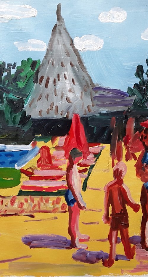 Pool scene Marbella,  1970s (oil on paper) by Stephen Abela