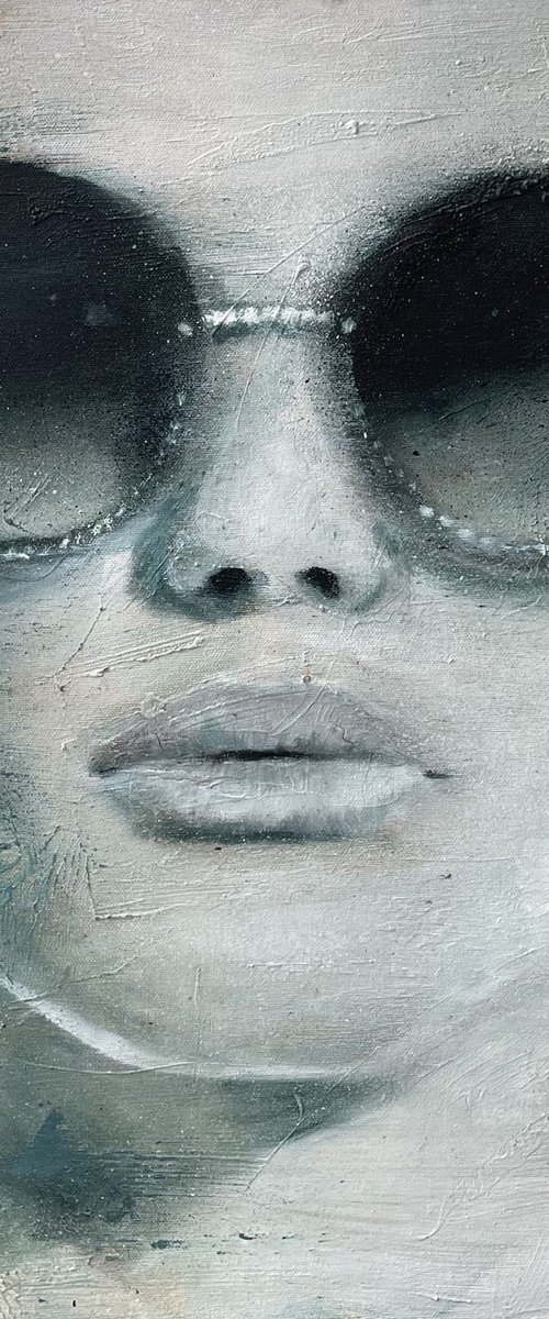 Kris | Beautiful model woman face portrait painted in oil on canvas framed painting blue green white grunge romantic by RKHercules by Renske Karlien Hercules