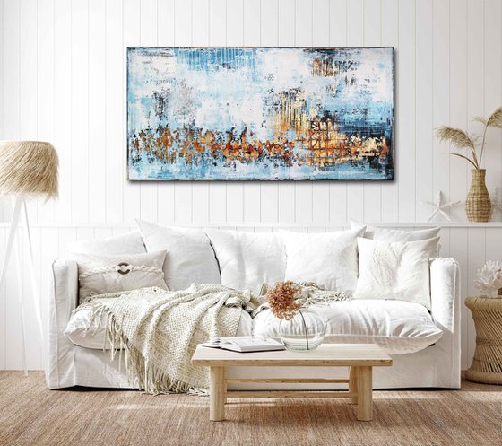 NORTHERN SKY * 63" x 31.5" * ACRYLIC PAINTING ON CANVAS * WHITE * BLUE * GOLD