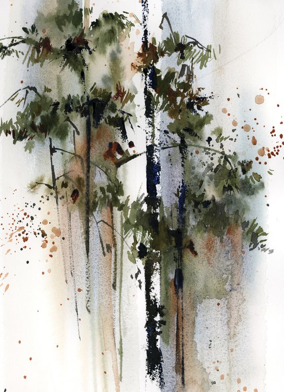 Pine Trees Landscape Watercolor Painting