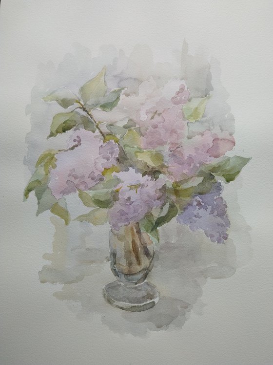 Bouquet of lilac flowers in vase. Original watercolour painting