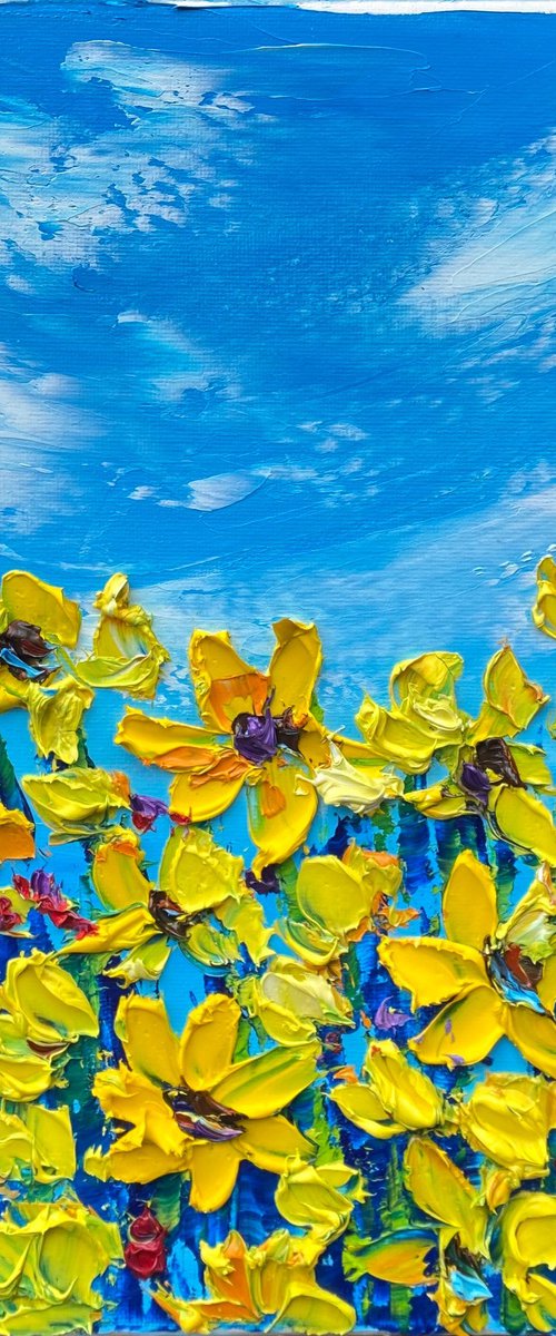 Yellow wildflowers at the meadow. Impasto painting by Oksana Fedorova