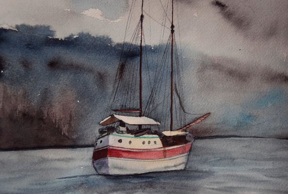 Watercolor painting Ship in Oslo port, Norway fjord