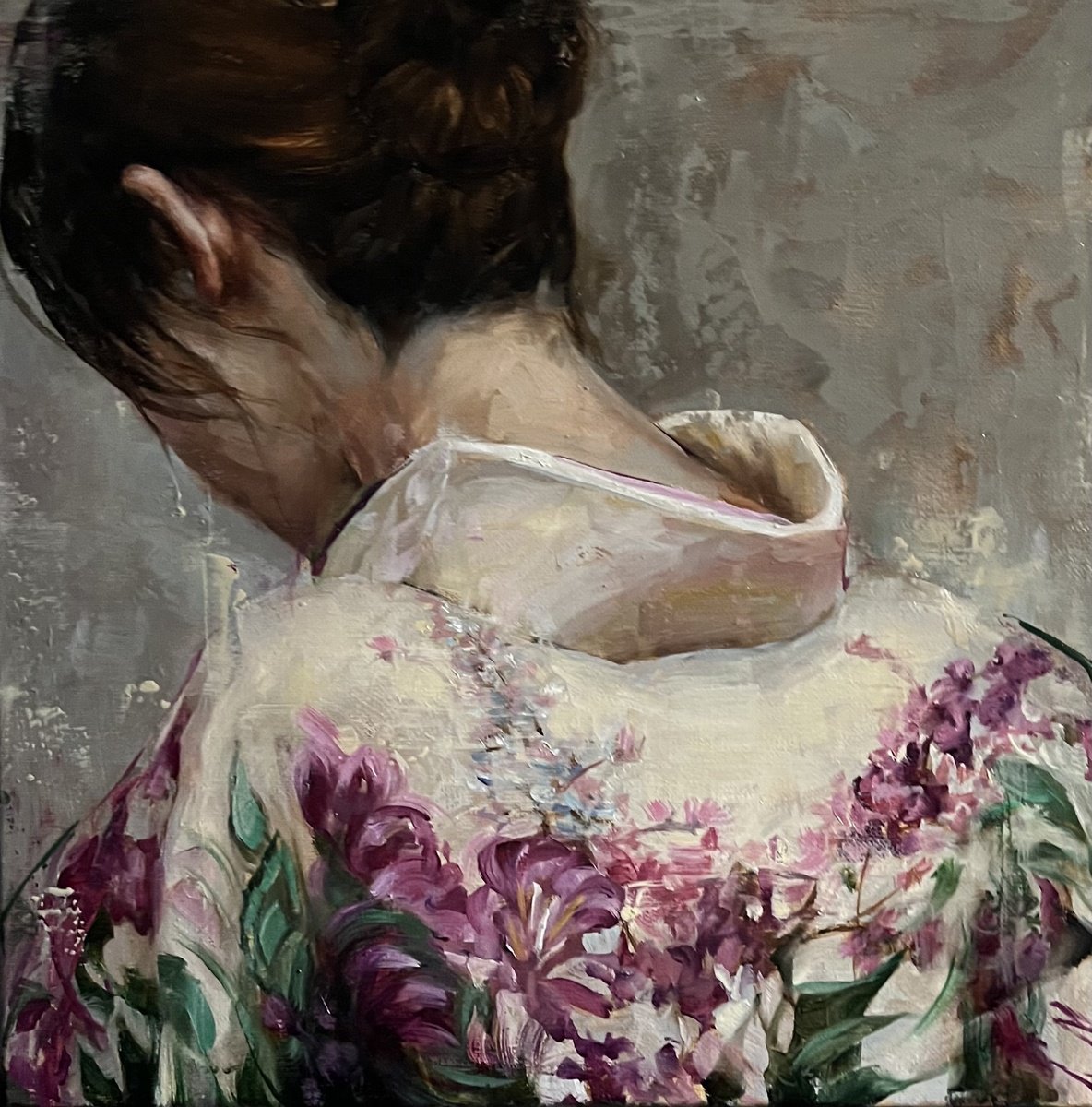 Impressionistic Portrait Oil Painting By Elena Mashajeva-Agraphiotis, 16 X 16, Sensual - Girl In Kimono, Original Artwork