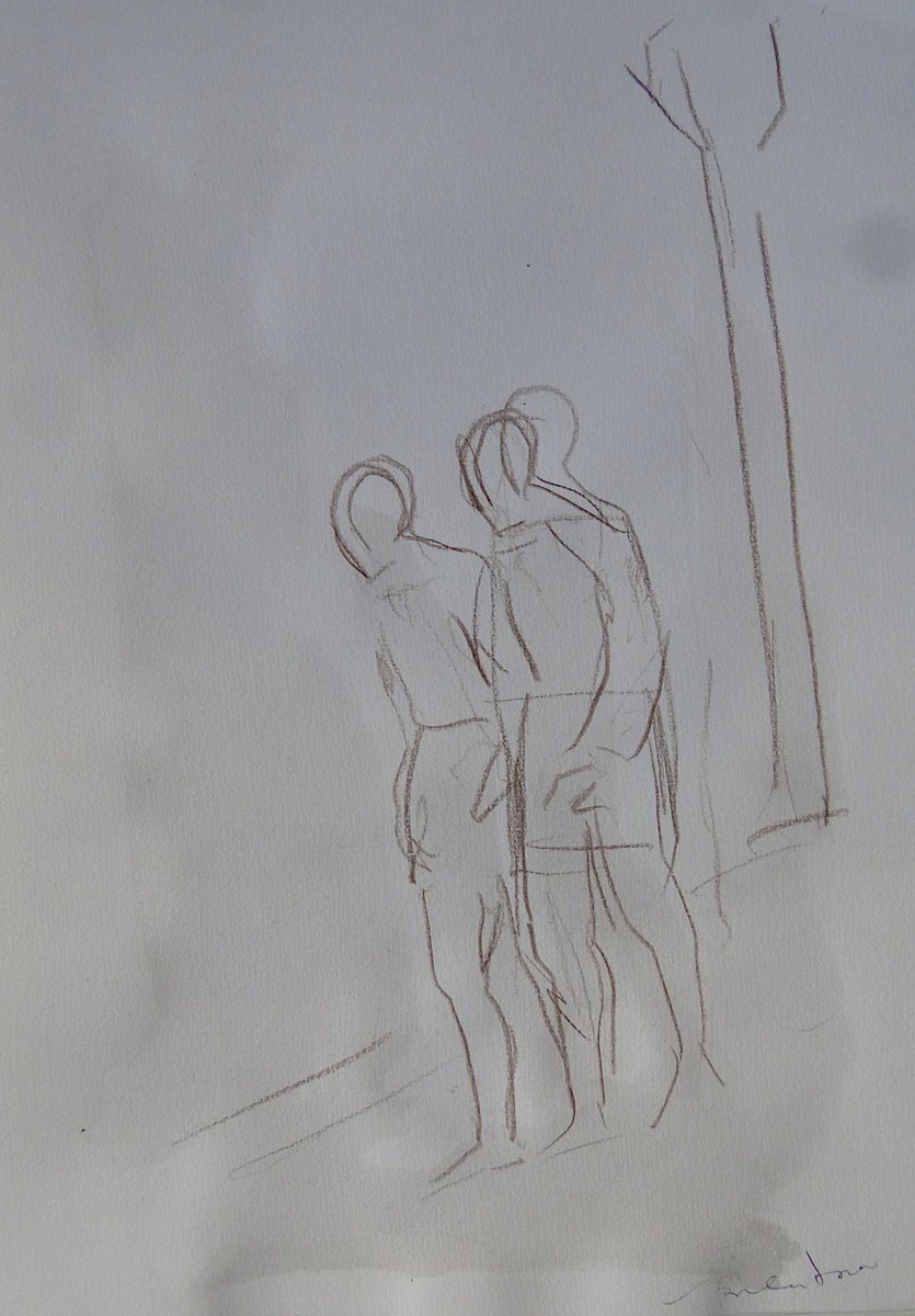 Expressive Portrait Pencil Drawing By Frederic Belaubre, 6 X 8, The Evening Walk, Original Artwork