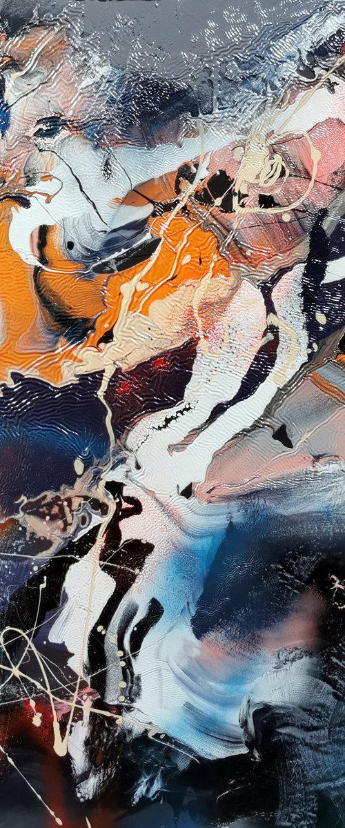 Nocturnal dance stunning abstract relief painting on wood beautiful color combination Kloska by Kloska Ovidiu