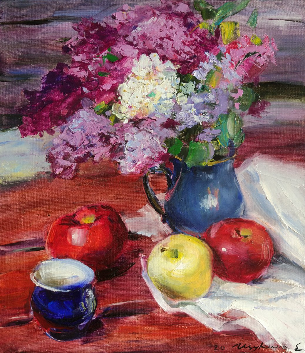 Still life with lilac and apples. by Helen Shukina