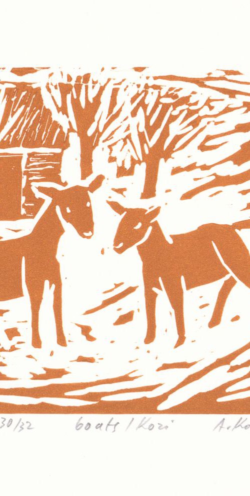 Goats - Kozi, 2015, linocut on paper, 12,2 x 14,4 cm by Alenka Koderman