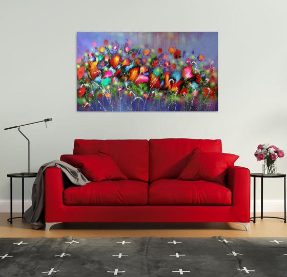 63" VERY LARGE Flowers Painting "Evening Song of Flowers"