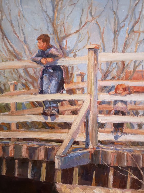 Spring bridge, original one of a kind oil on canvas impressionistic painting from "Childhood series"(22x28'')