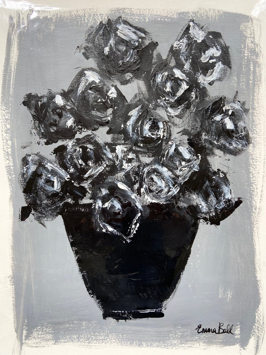 Roses in a Black Bowl acrylic on paper by Emma Bell