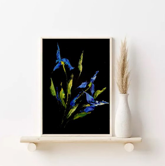 IRISES AND HERBS 4 - Black painting. Black 3d flowers miniature.