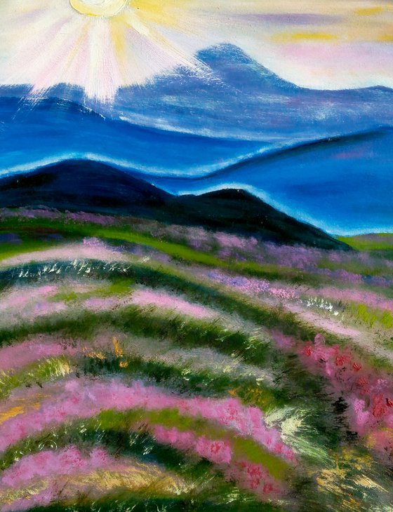 Spring mountain landscape impressionistic landscape blue mountains green hills' Spring in mountains"