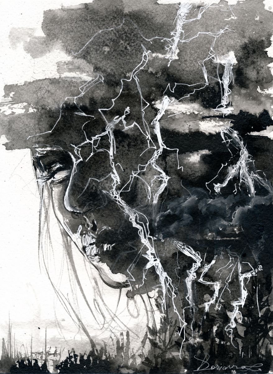 Expressive Portrait Ink Drawing By Doriana Popa, 7 X 9, Thunder, Original Artwork