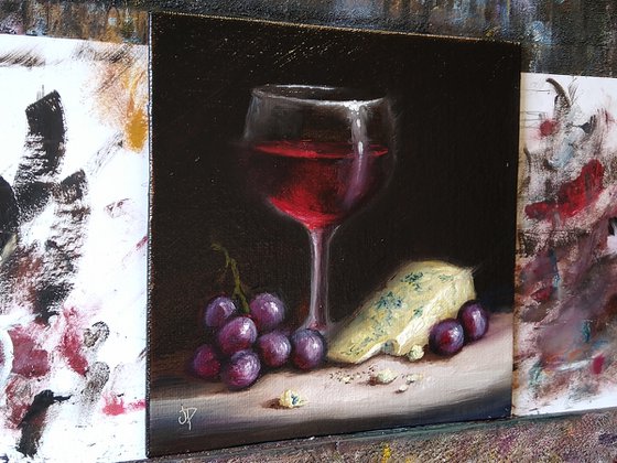 wine with cheese and grapes still life