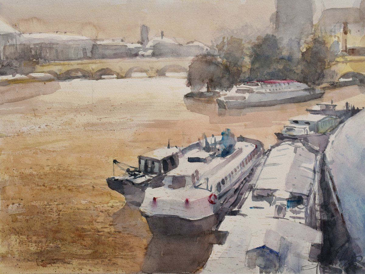Cityscapes Watercolour By Goran Zigolic Watercolors, 20 X 15, Seine In Winter, Original Artwork