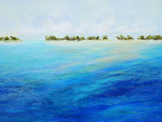 SUMMER BREEZE. Large Seascape Abstract Beach Painting. Tropical Island Blue Ocean Textured Art, Sea Waves, Sky with Clouds, Sailboats, Palm Trees. Modern Impressionism