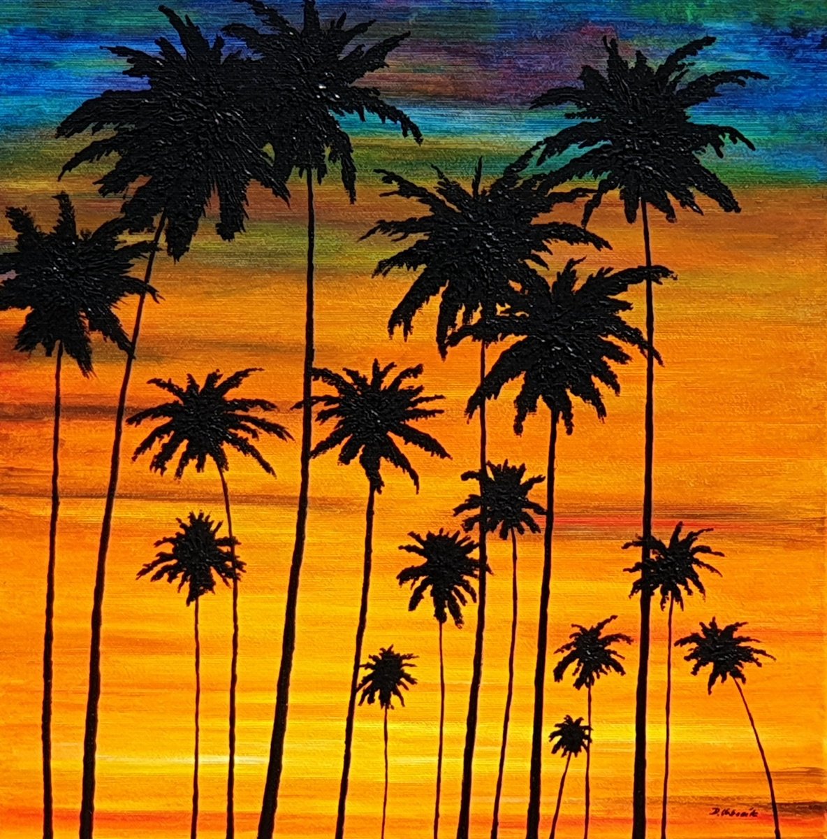 Impressionistic Landscape Acrylic Painting By Daniel Urbani?k, 16 X 16, Palm Trees, Original Artwork