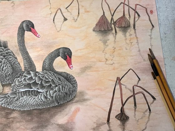 Black Swan, Original Gongbi Brush Painting