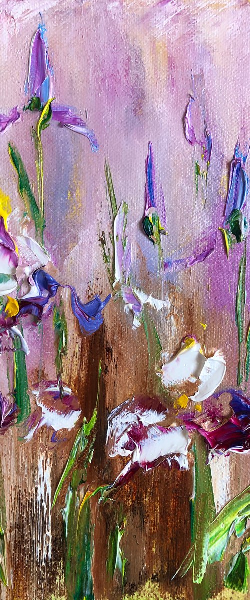 IRIS MOOD №1 - Xiphium. Irises. Flowers. Gift. Lilac color. Bouquet. Garden. Garden flowers. Field irises. Mini-art. Fast painting. The best solution. Gift painting. Postcard. Season. Holidays. by Marina Skromova