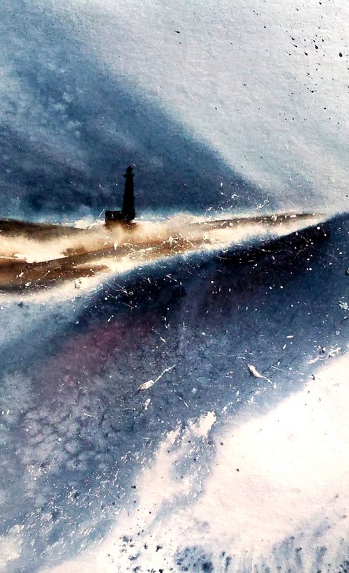 Ocean Painting Original Watercolor Artwork Seascape Beacon Lighthouse Home Wall Art by Halyna Kirichenko