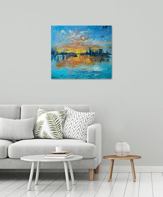 Sunset - Big city never sleeps, 70*80cm, impressionistic landscape oil painting in orange and turquoise