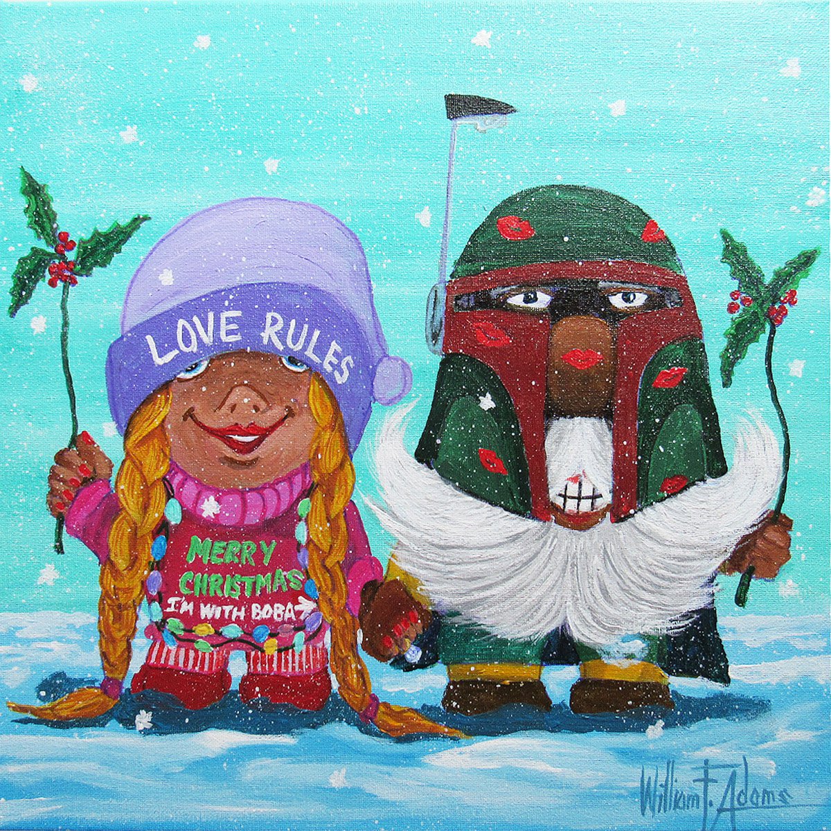 Illustrative Portrait Acrylic Painting By William F. Adams, 14 X 14", All I Want For Christmas ..., Original Artwork